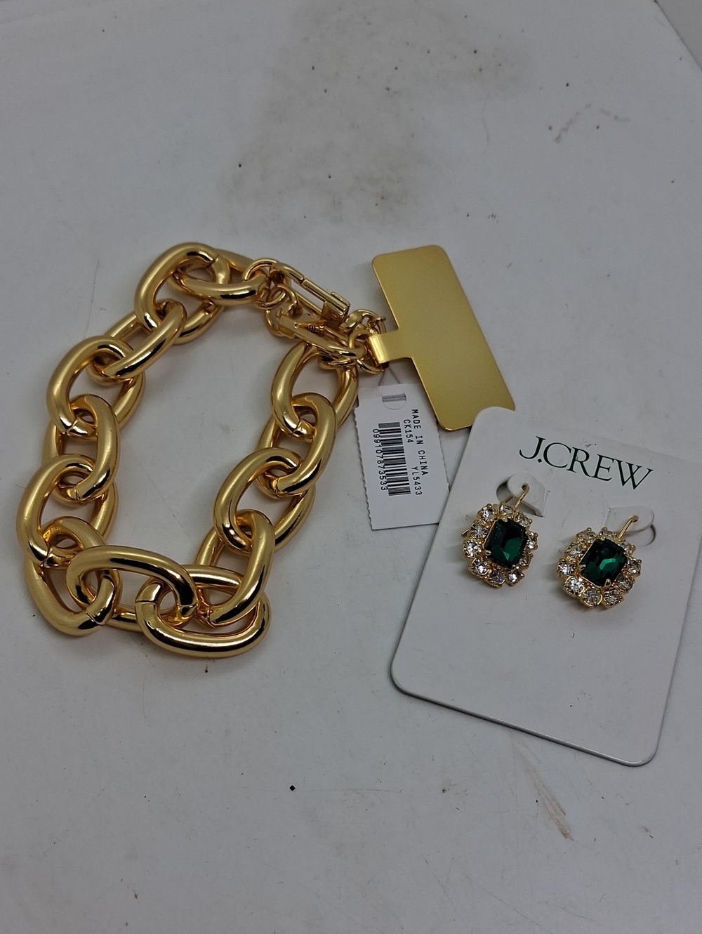 NWT J. Crew Gold Link Bracelet with Emerald Green Crystal Halo Earrings